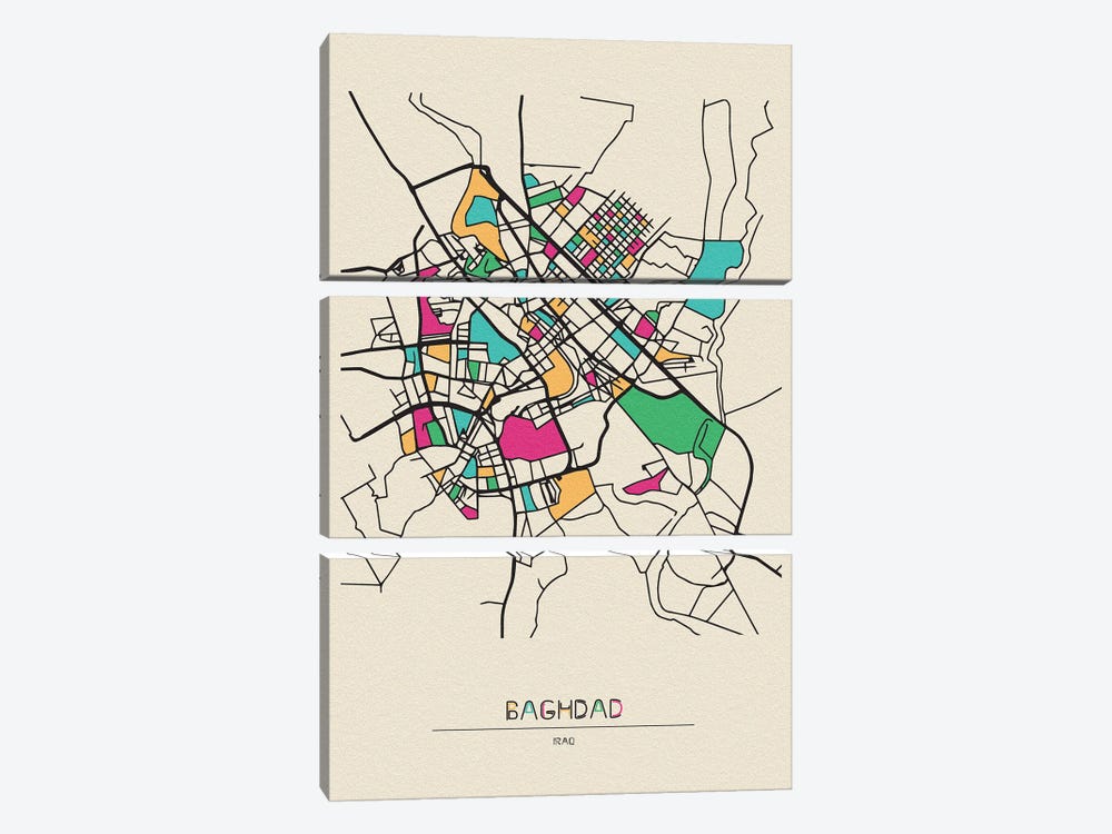 Baghdad, Iraq Map by Ayse Deniz Akerman 3-piece Canvas Print