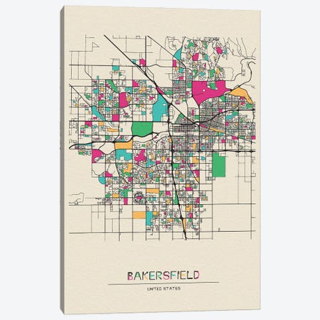 Bakersfield, California Map Canvas Print #ADA144} by Ayse Deniz Akerman Art Print