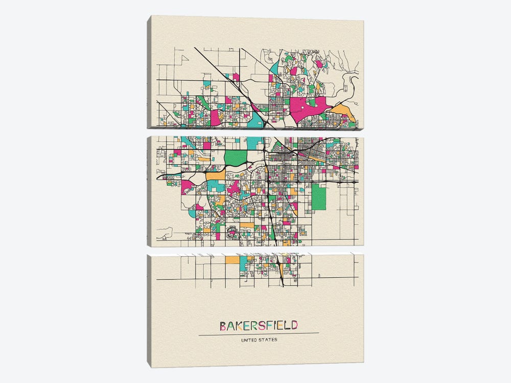 Bakersfield, California Map by Ayse Deniz Akerman 3-piece Canvas Art