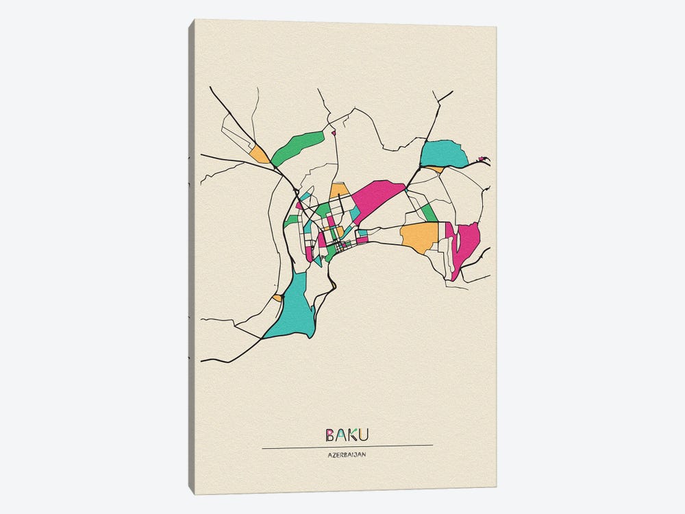 Baku, Azerbaijan Map by Ayse Deniz Akerman 1-piece Canvas Art Print