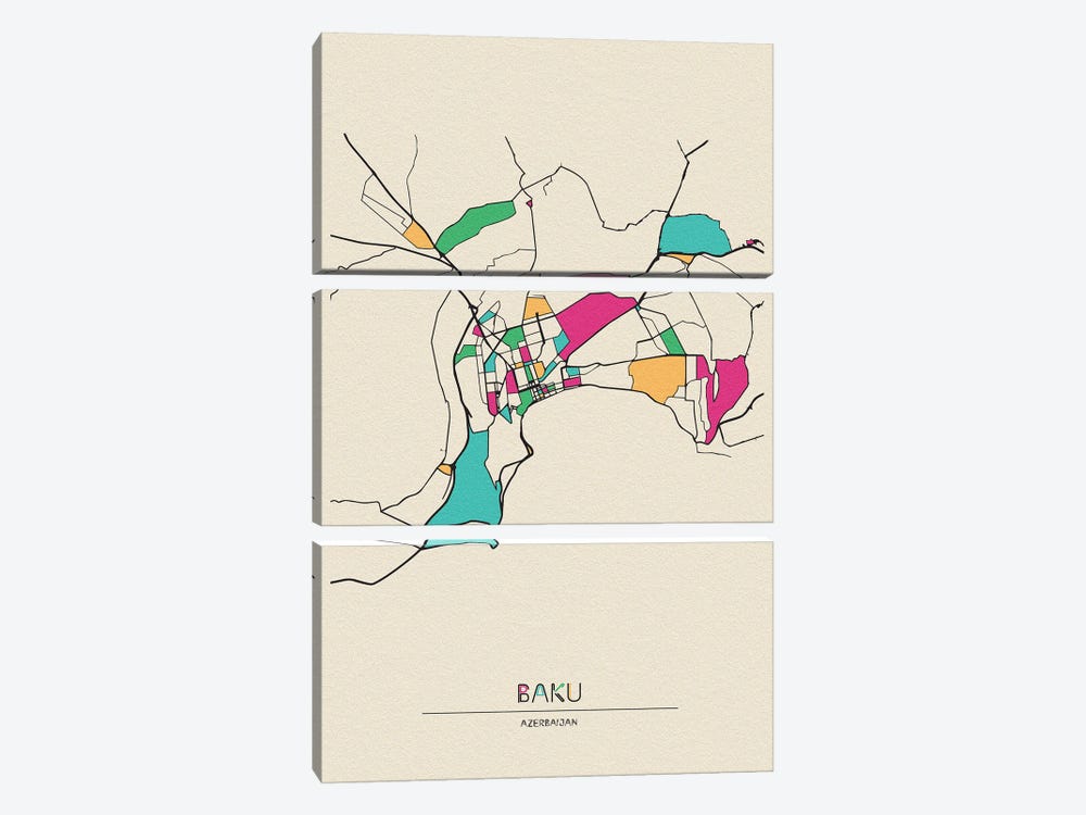 Baku, Azerbaijan Map by Ayse Deniz Akerman 3-piece Canvas Art Print