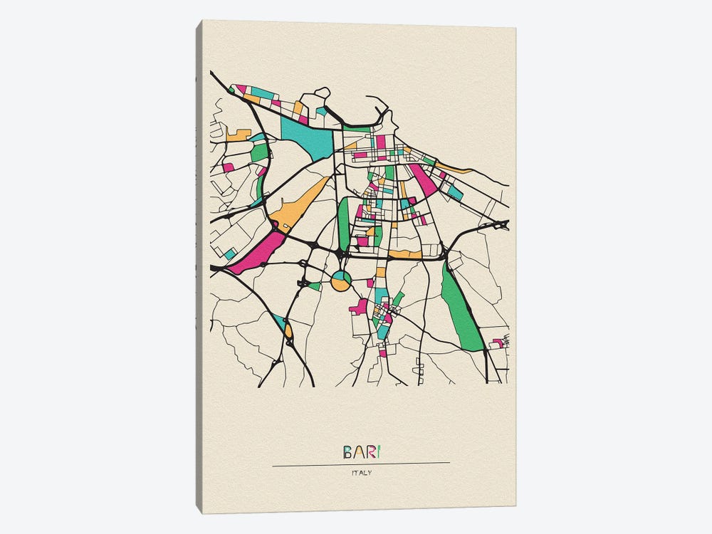 Bari, Italy Map by Ayse Deniz Akerman 1-piece Canvas Art Print