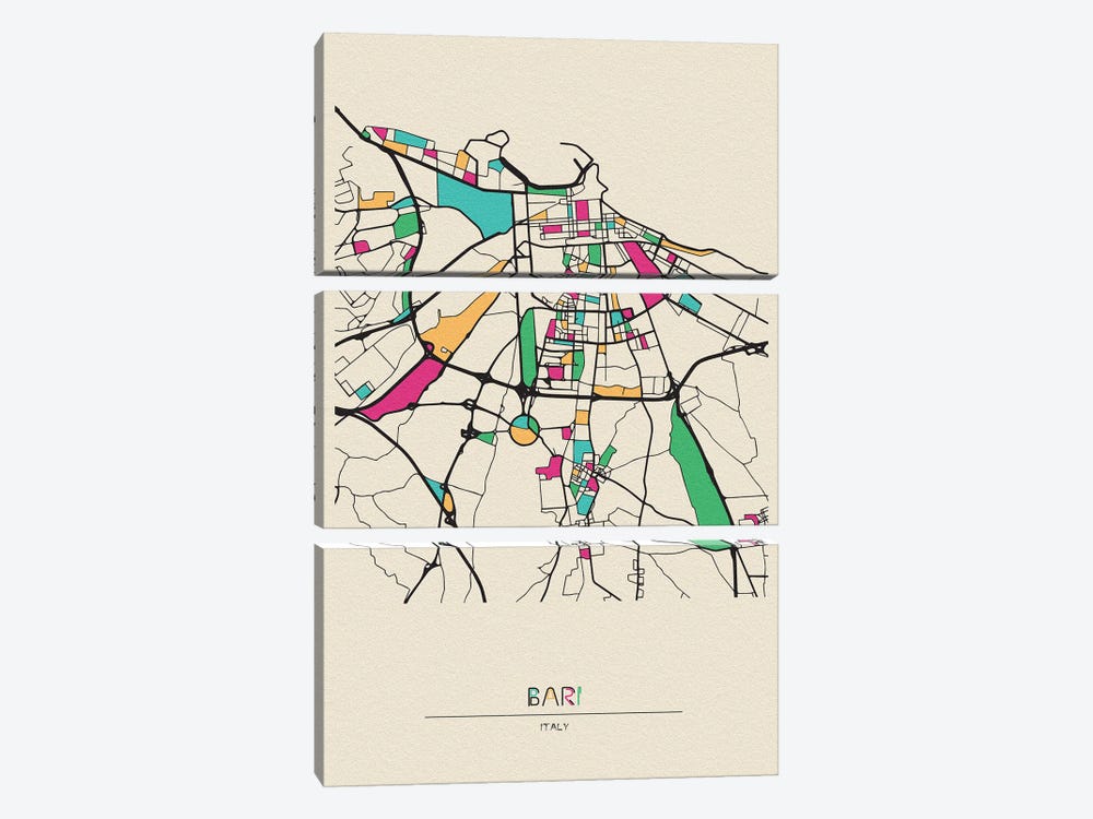 Bari, Italy Map by Ayse Deniz Akerman 3-piece Canvas Art Print