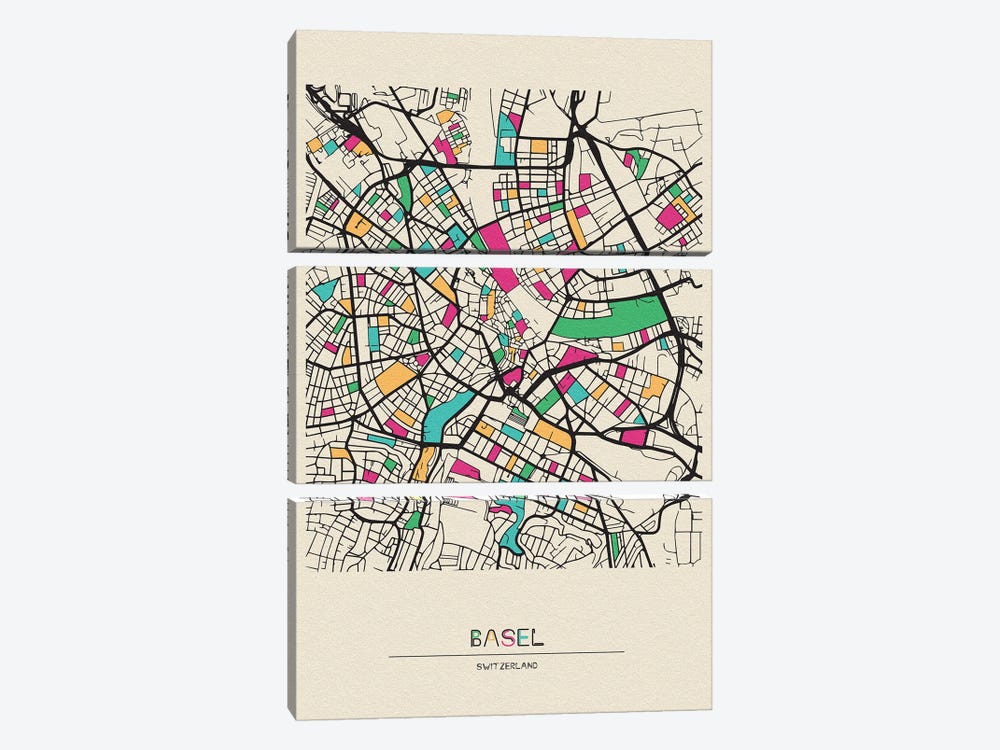Basel, Switzerland Map by Ayse Deniz Akerman 3-piece Canvas Artwork