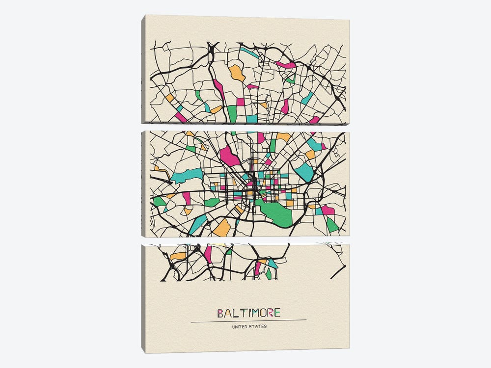 Baltimore, Maryland Map by Ayse Deniz Akerman 3-piece Art Print