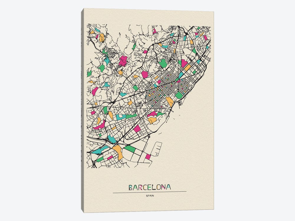 Barcelona, Spain Map by Ayse Deniz Akerman 1-piece Canvas Artwork