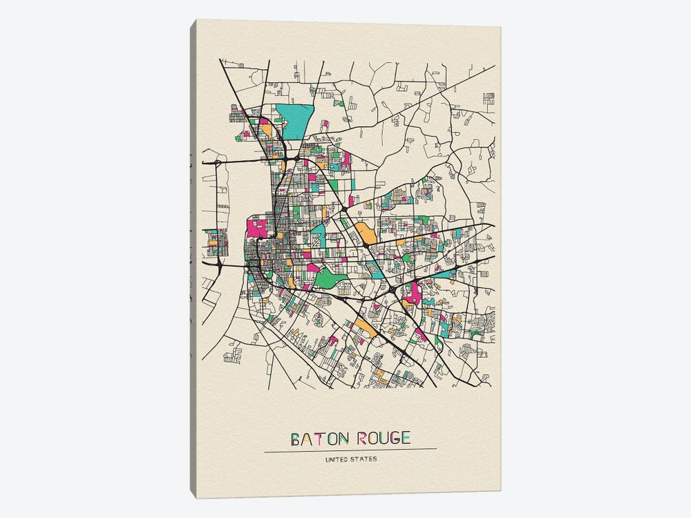 Baton Rouge, Louisiana Map by Ayse Deniz Akerman 1-piece Canvas Art Print