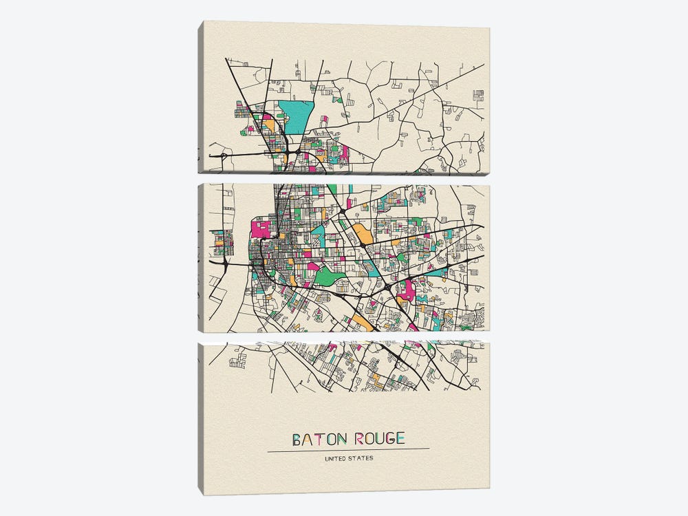 Baton Rouge, Louisiana Map by Ayse Deniz Akerman 3-piece Canvas Art Print