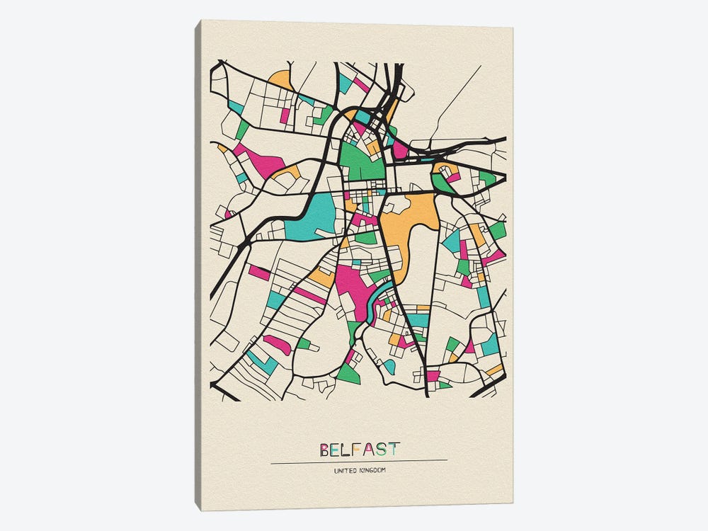 Belfast, United Kingdom Map by Ayse Deniz Akerman 1-piece Canvas Art
