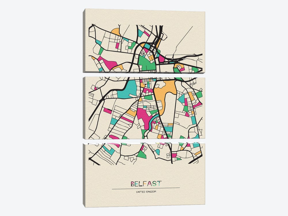 Belfast, United Kingdom Map by Ayse Deniz Akerman 3-piece Canvas Artwork