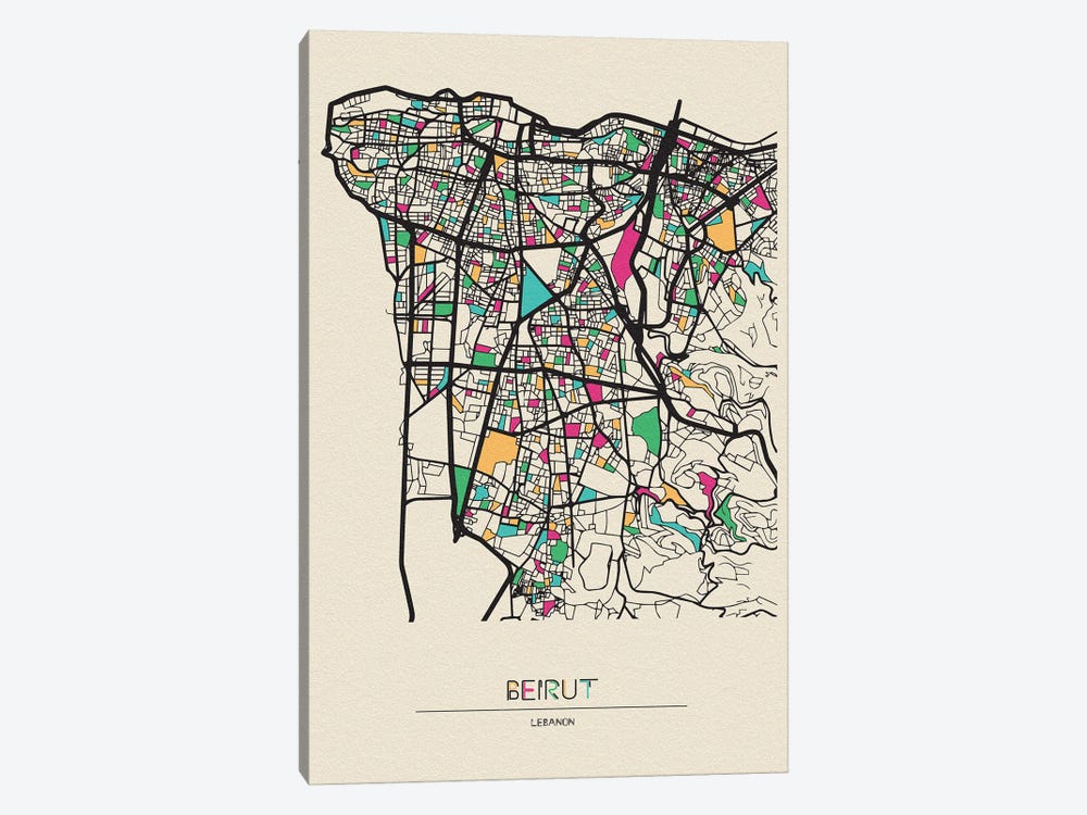 Beirut, Lebanon Map by Ayse Deniz Akerman 1-piece Canvas Art Print