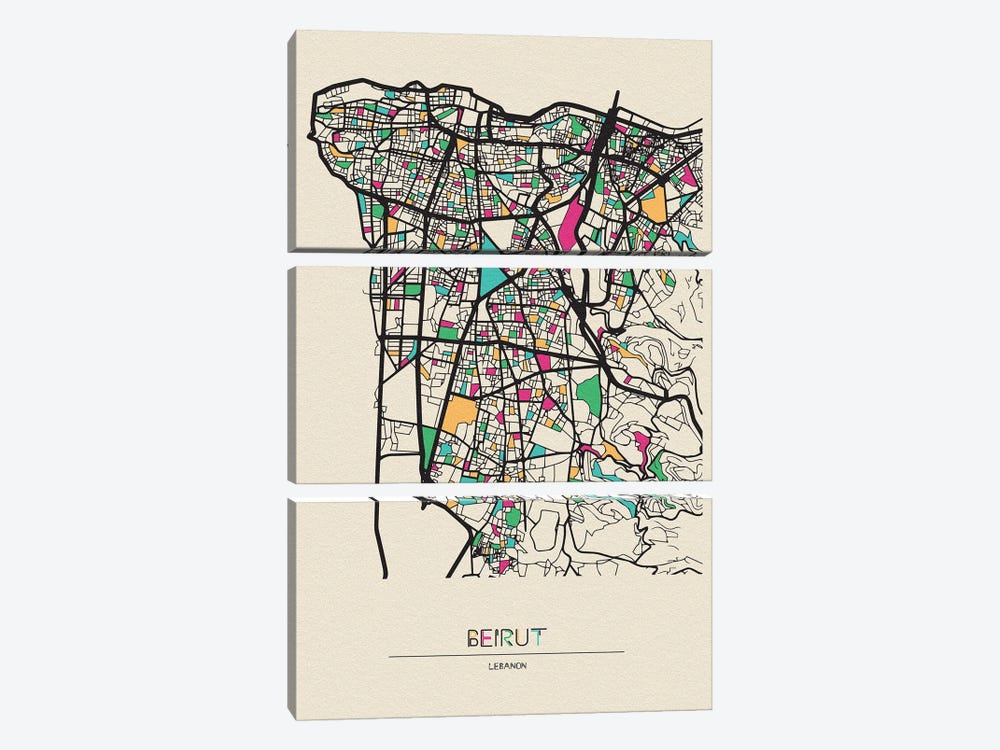 Beirut, Lebanon Map by Ayse Deniz Akerman 3-piece Canvas Print