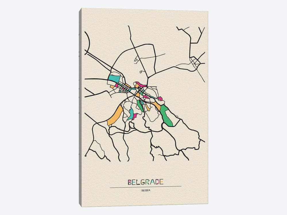 Belgrade, Serbia Map by Ayse Deniz Akerman 1-piece Canvas Art