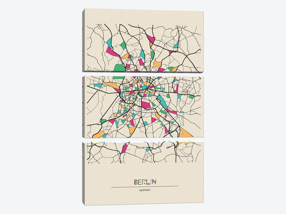 Berlin, Germany Map by Ayse Deniz Akerman 3-piece Canvas Art