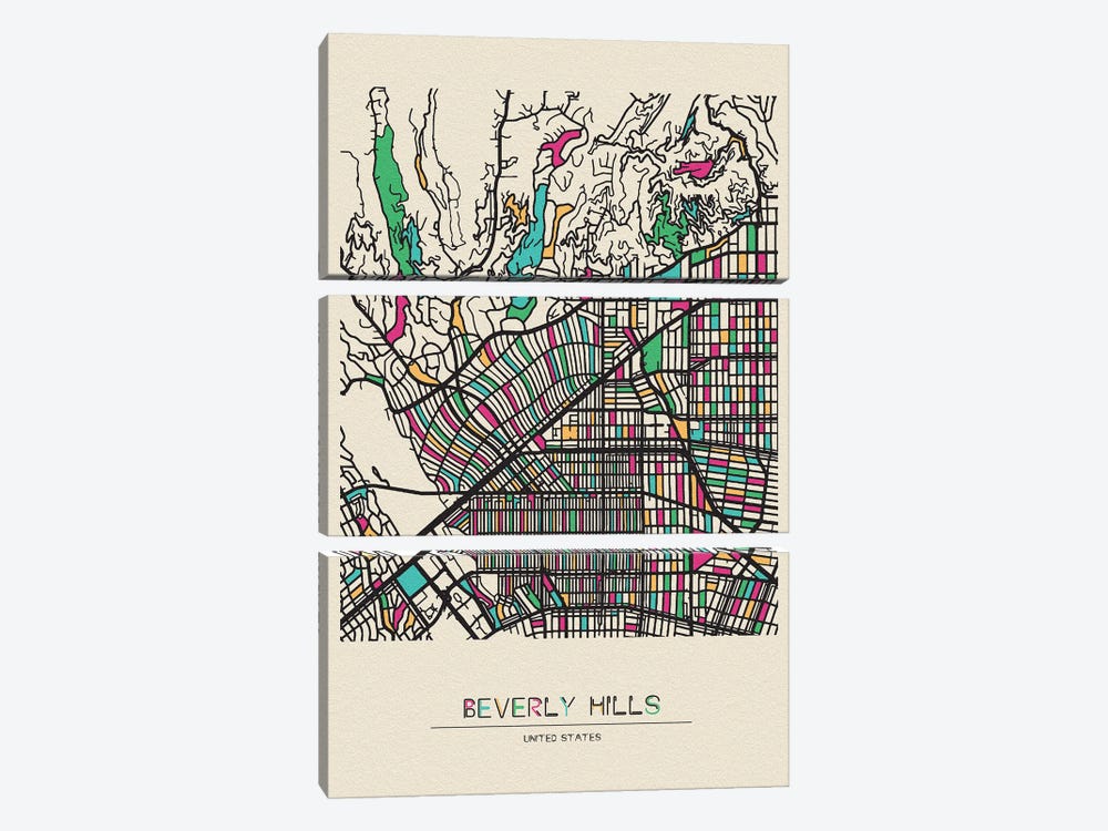Beverly Hills, California Map by Ayse Deniz Akerman 3-piece Art Print