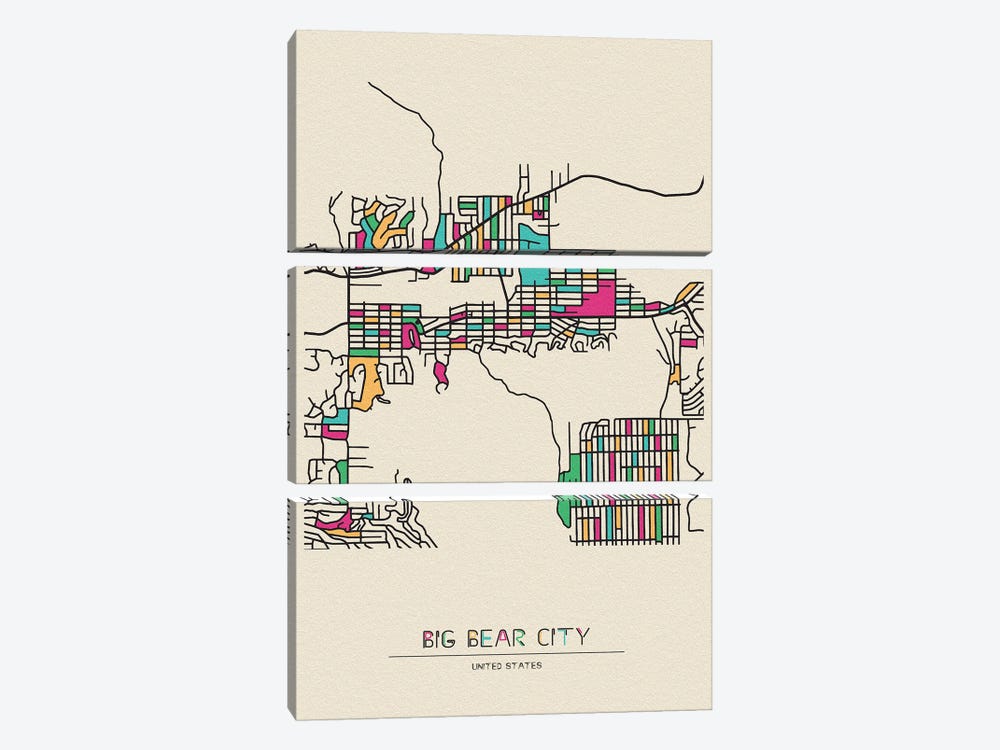 Big Bear City, California Map by Ayse Deniz Akerman 3-piece Canvas Art