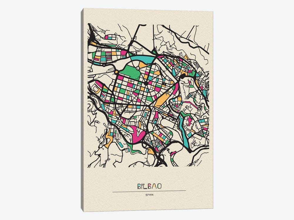 Bilbao, Spain Map by Ayse Deniz Akerman 1-piece Canvas Art Print