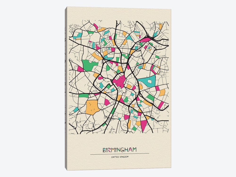 Birmingham, England Map by Ayse Deniz Akerman 1-piece Canvas Artwork