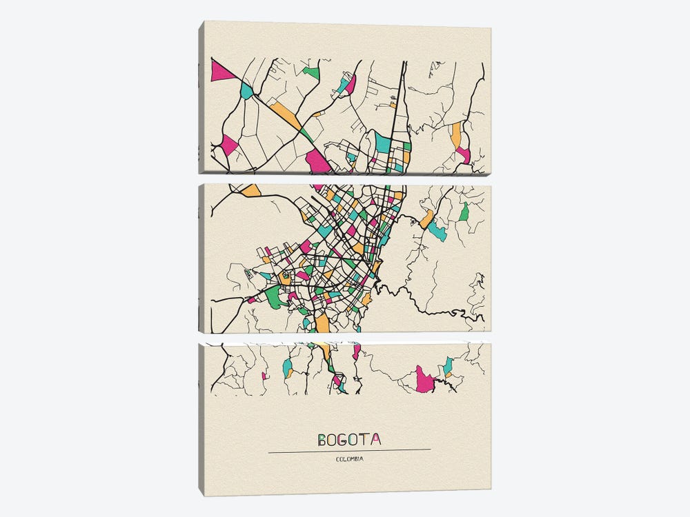 Bogota, Colombia Map by Ayse Deniz Akerman 3-piece Canvas Art