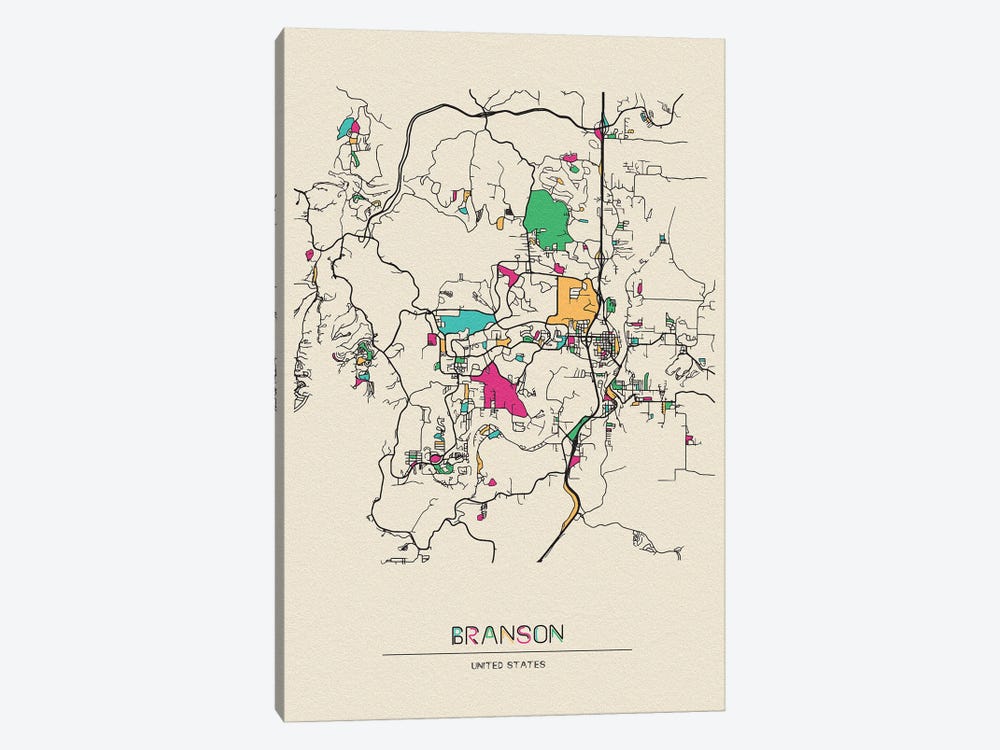 Branson, Missouri Map by Ayse Deniz Akerman 1-piece Canvas Print