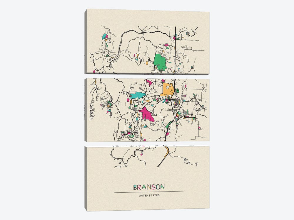 Branson, Missouri Map by Ayse Deniz Akerman 3-piece Canvas Art Print