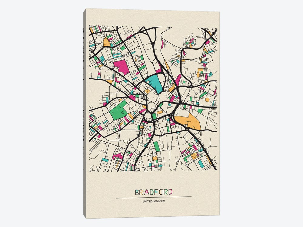 Bradford, England Map by Ayse Deniz Akerman 1-piece Canvas Wall Art