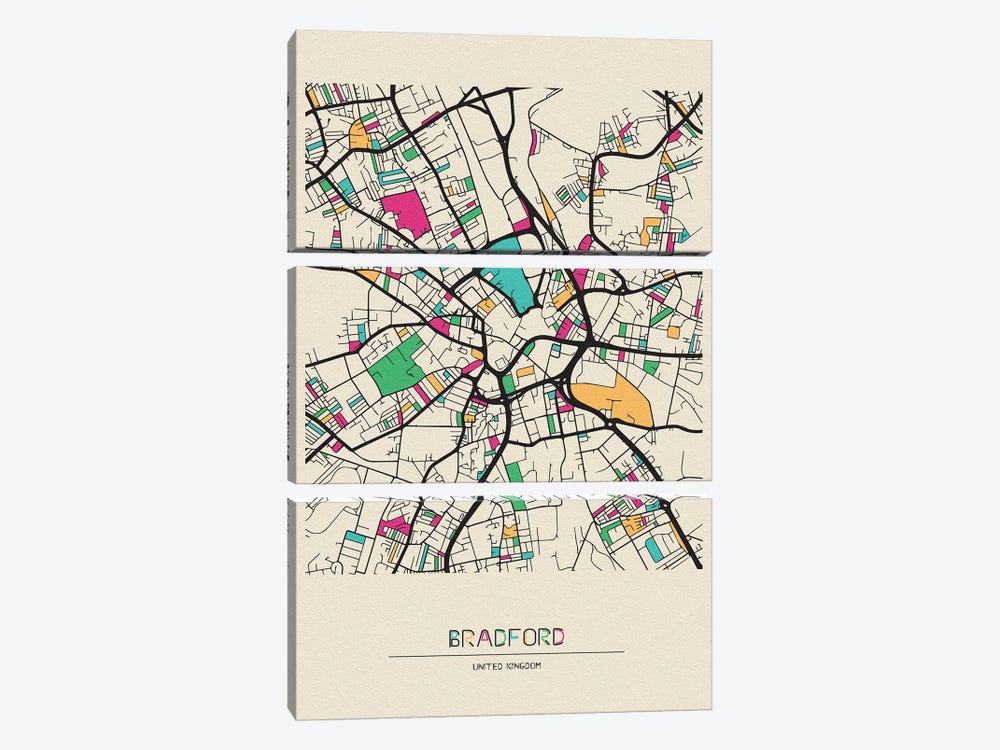 Bradford, England Map by Ayse Deniz Akerman 3-piece Canvas Wall Art