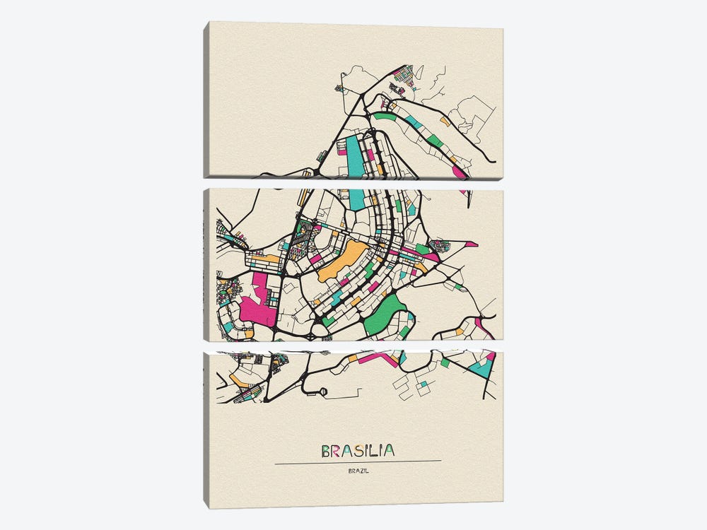 Brasilia, Brazil Map by Ayse Deniz Akerman 3-piece Canvas Print