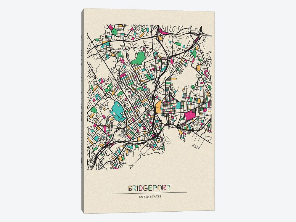 Bridgeport, Connecticut Map by Ayse Deniz Akerman 1-piece Canvas Art Print