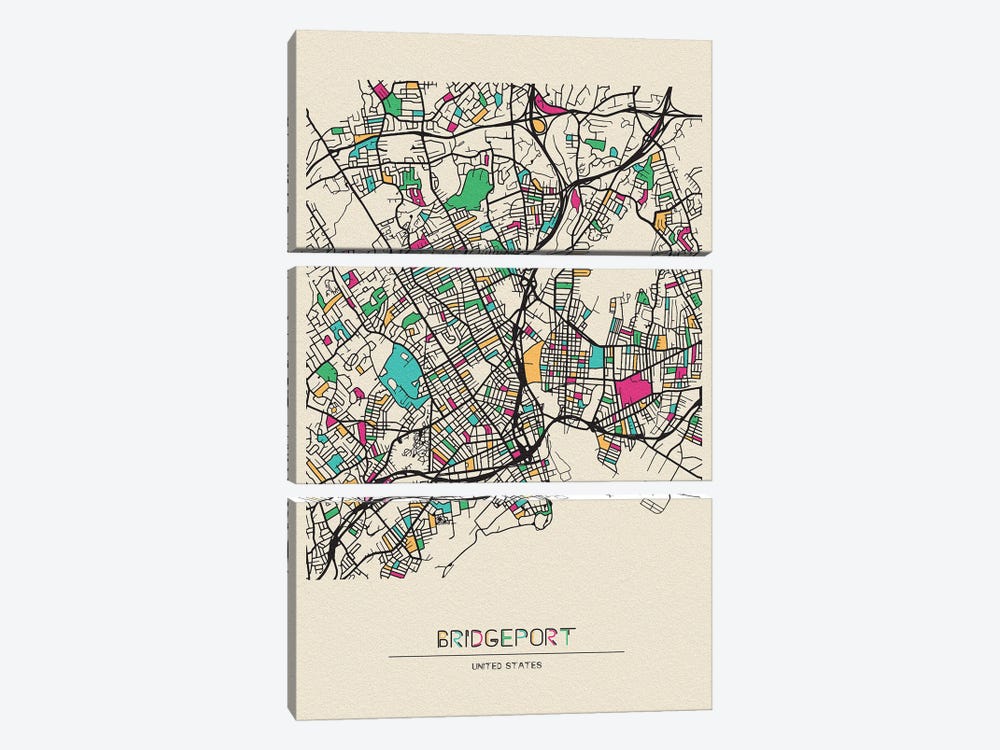 Bridgeport, Connecticut Map by Ayse Deniz Akerman 3-piece Canvas Art Print