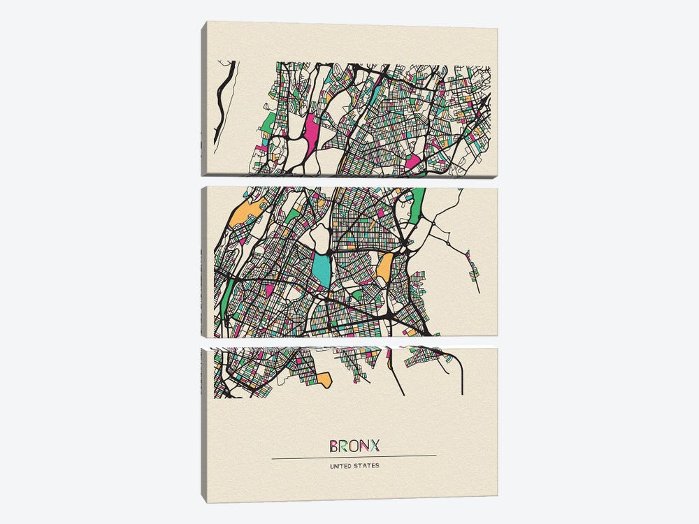 Bronx, New York Map by Ayse Deniz Akerman 3-piece Canvas Print