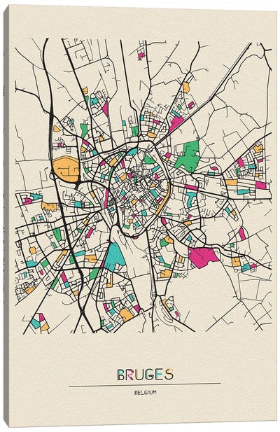 Bruges, Belgium Map Canvas Art Print - Ayse Deniz Akerman