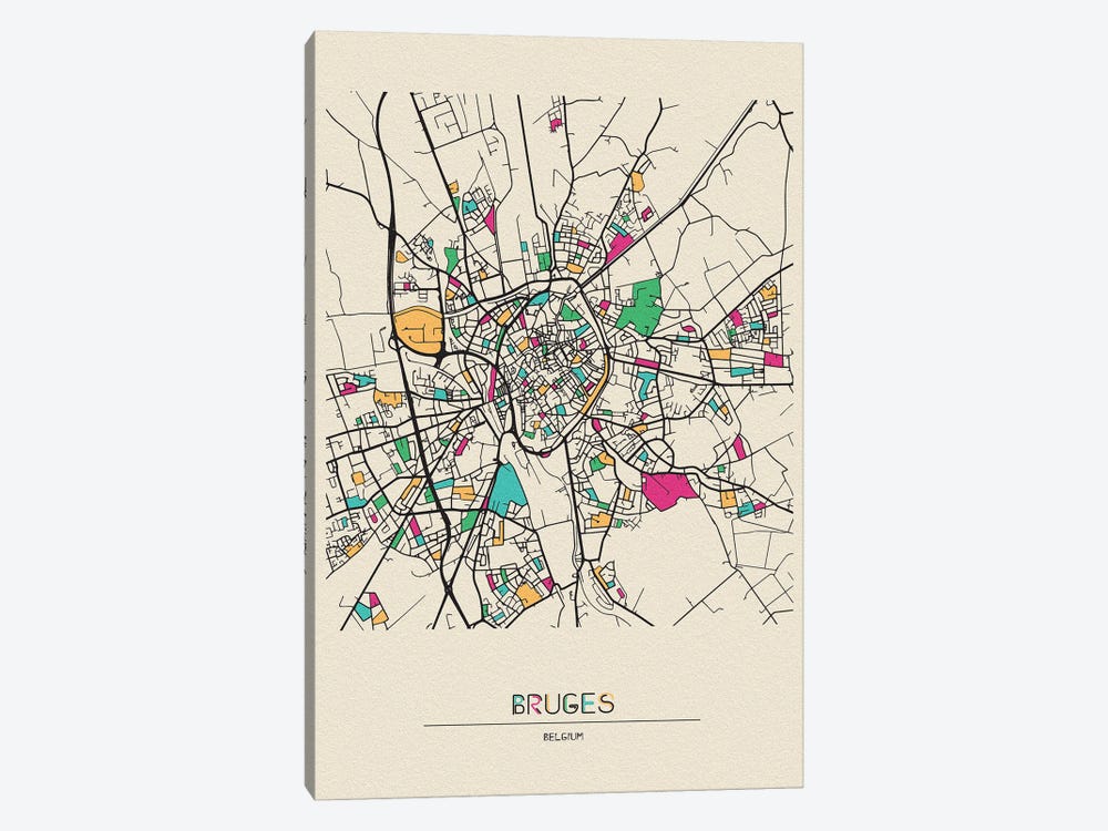 Bruges, Belgium Map by Ayse Deniz Akerman 1-piece Canvas Art Print