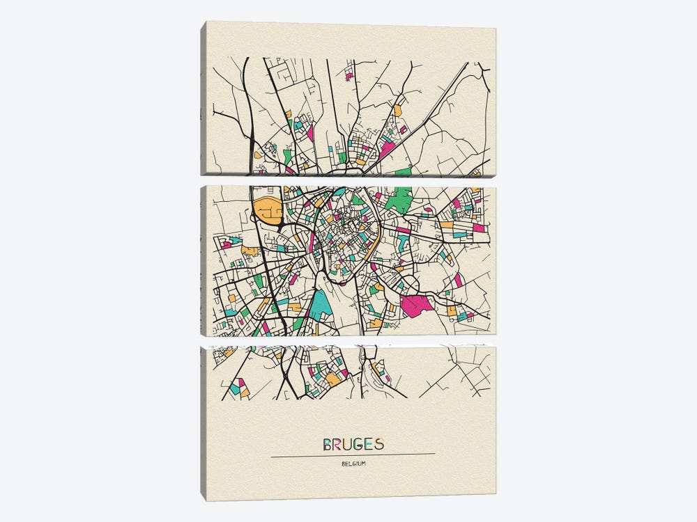 Bruges, Belgium Map by Ayse Deniz Akerman 3-piece Canvas Art Print