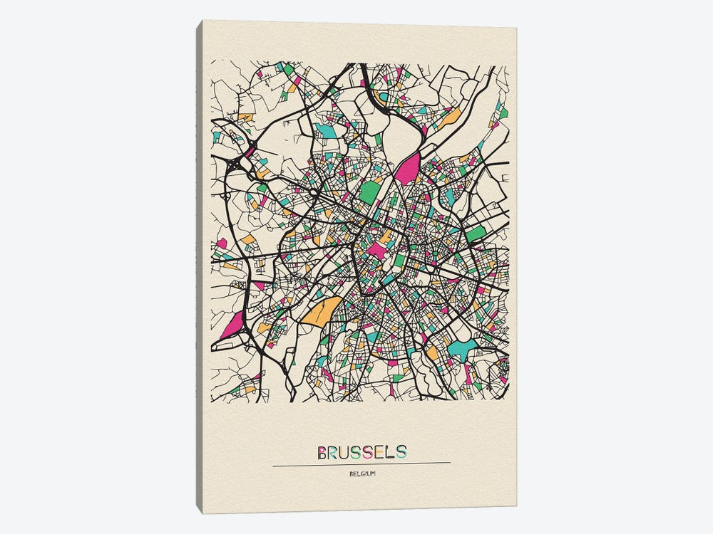 Brussels, Belgium Map by Ayse Deniz Akerman 1-piece Canvas Artwork