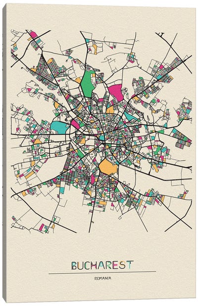Bucharest, Romania Map Canvas Art Print - Ayse Deniz Akerman