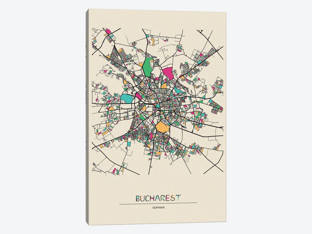 Bucharest, Romania Map by Ayse Deniz Akerman 1-piece Canvas Artwork