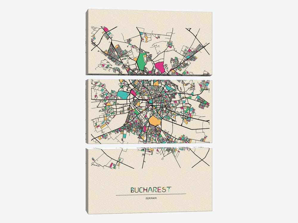 Bucharest, Romania Map by Ayse Deniz Akerman 3-piece Canvas Art