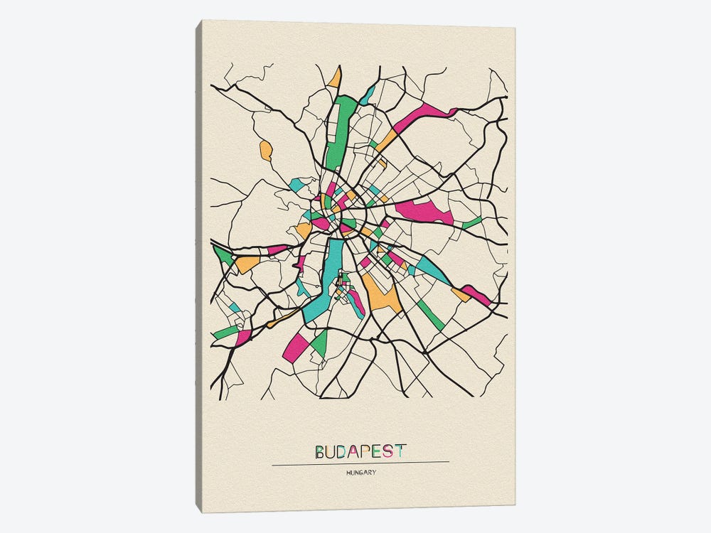Budapest, Hungary Map by Ayse Deniz Akerman 1-piece Canvas Art Print