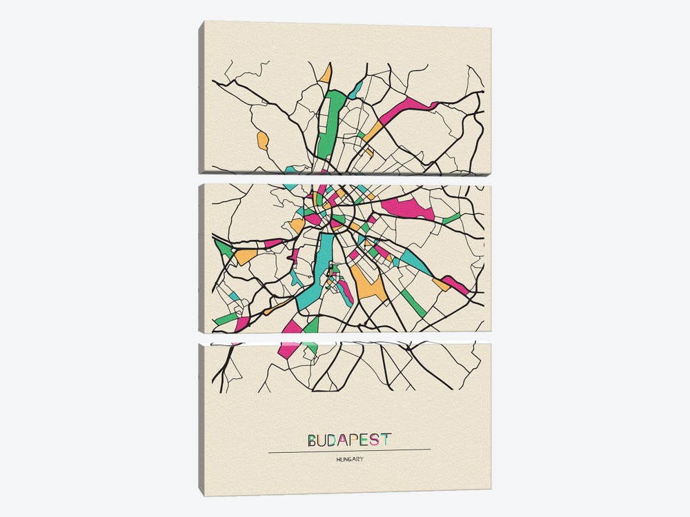 Budapest, Hungary Map by Ayse Deniz Akerman 3-piece Canvas Print