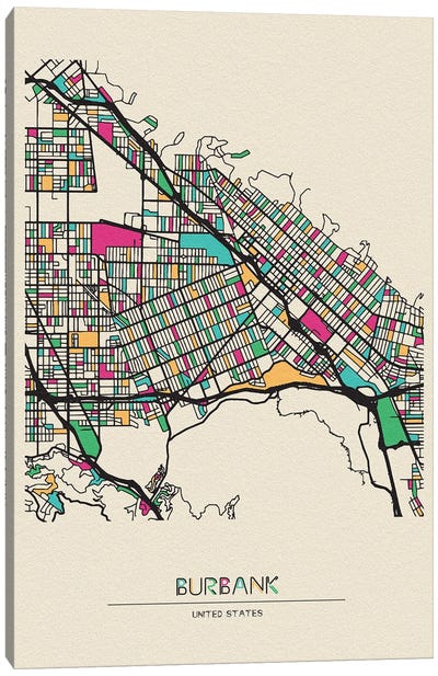 Burbank, California Map Canvas Art Print - Ayse Deniz Akerman