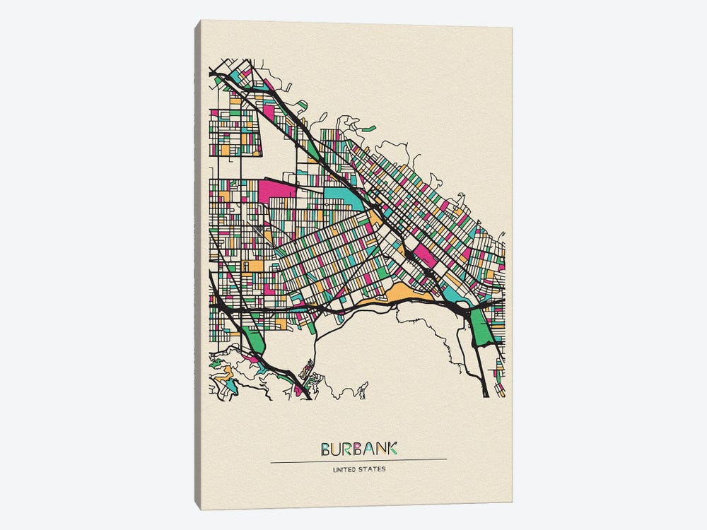 Burbank, California Map by Ayse Deniz Akerman 1-piece Canvas Wall Art