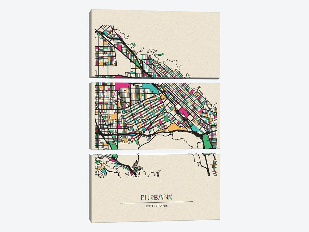 Burbank, California Map by Ayse Deniz Akerman 3-piece Canvas Artwork
