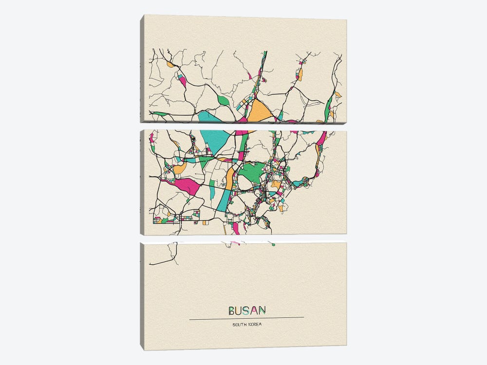Busan, South Korea Map by Ayse Deniz Akerman 3-piece Canvas Art Print