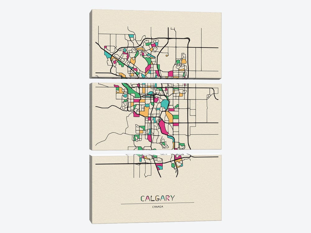 Calgary, Canada Map by Ayse Deniz Akerman 3-piece Canvas Art Print