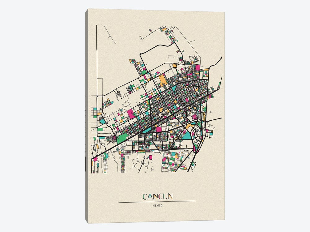 Cancun, Mexico Map by Ayse Deniz Akerman 1-piece Canvas Print
