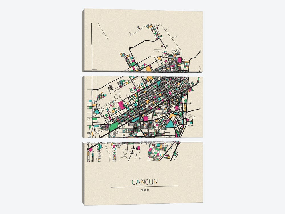 Cancun, Mexico Map by Ayse Deniz Akerman 3-piece Art Print