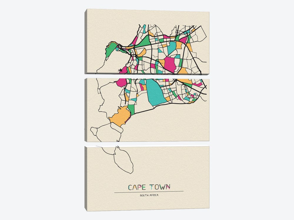 Cape Town, South Africa Map by Ayse Deniz Akerman 3-piece Canvas Artwork