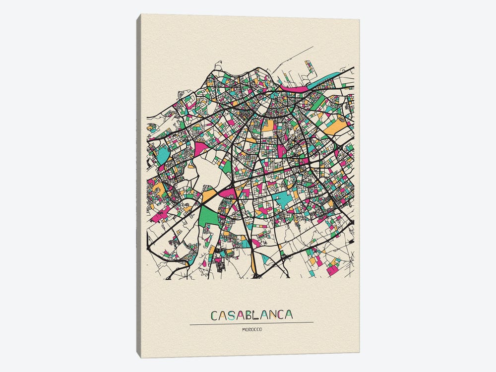 Casablanca, Morocco Map by Ayse Deniz Akerman 1-piece Canvas Art