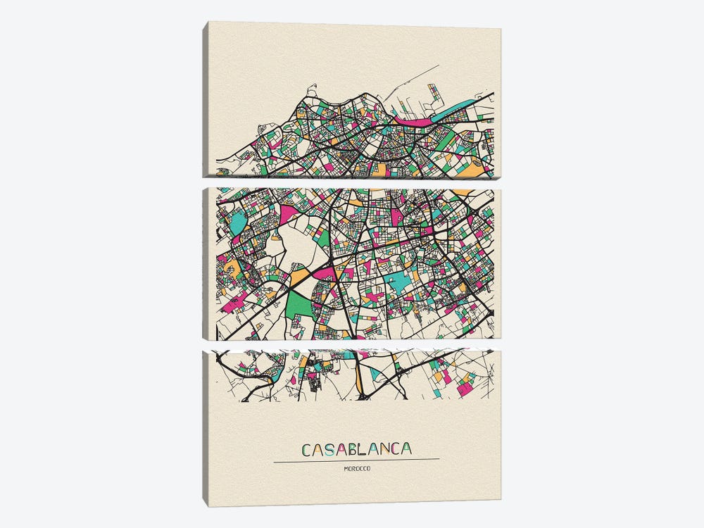 Casablanca, Morocco Map by Ayse Deniz Akerman 3-piece Canvas Art